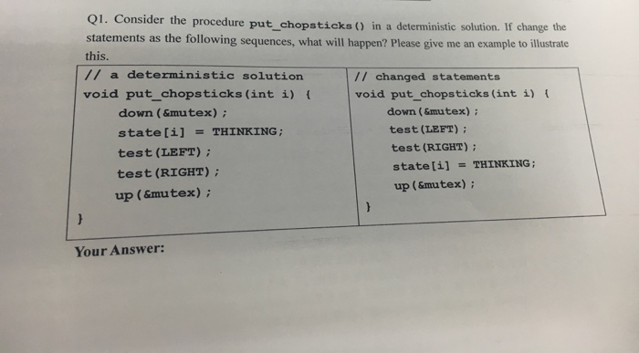 der the procedure put_chopsticks in a deterministic solution. If change the statements as the following sequences, what will happen? Please give me an example to illustrate this. // a deterministic solution void put_chopsticks (int i) ( /I changed statements void put_chopsticks (int i) down (&mutex) s tate [ THINKING ; test (LEFT) test (RIGHT); up (&mutex); down (&mutex) test (LEET) test (RIGHT) statelil -THINKING; up (&mutex) ; Your Answer: