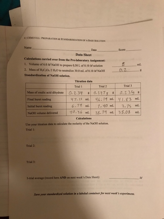 Solved Chmisill Preparation Standardization Of A Base Chegg Com