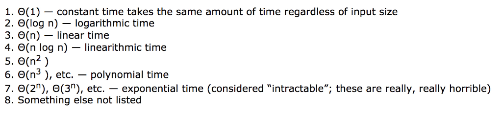 1. Θ(1)-constant time takes the same amount of time regardless of input size 2. 0(log n)-logarithmic time 3. 0(n)-linear time