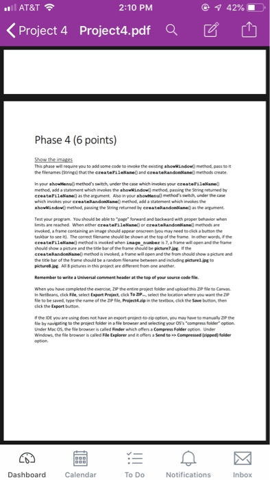 42% l AT&T 2:10 PM Project 4 Project4.pdf Q Phase 4 (6 points) This phase will require you to add some code to invoke the exi