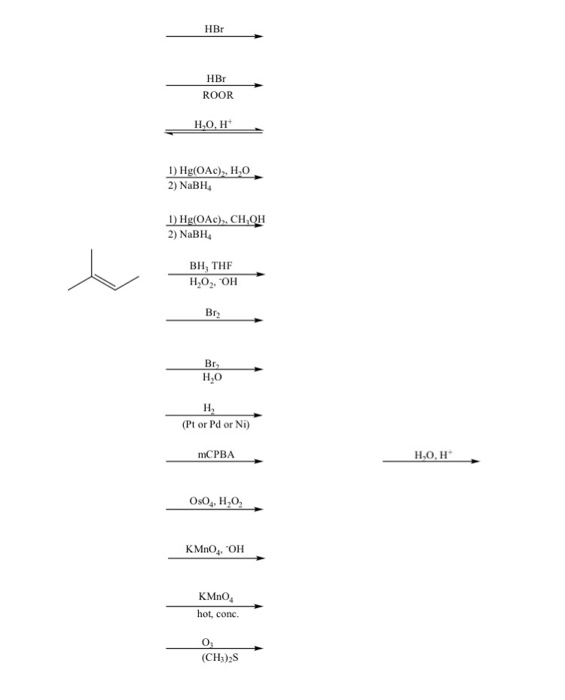 HBr HBr ROOR H,O, H 2 NaBH D HglOAc)CHOH 2) NaBH BH, THF H02 OH Br2 H,C (Pt or Pd or Ni) mCPBA 11.0. Ir кмпо, он KMnO hot, conc (CH3)2S