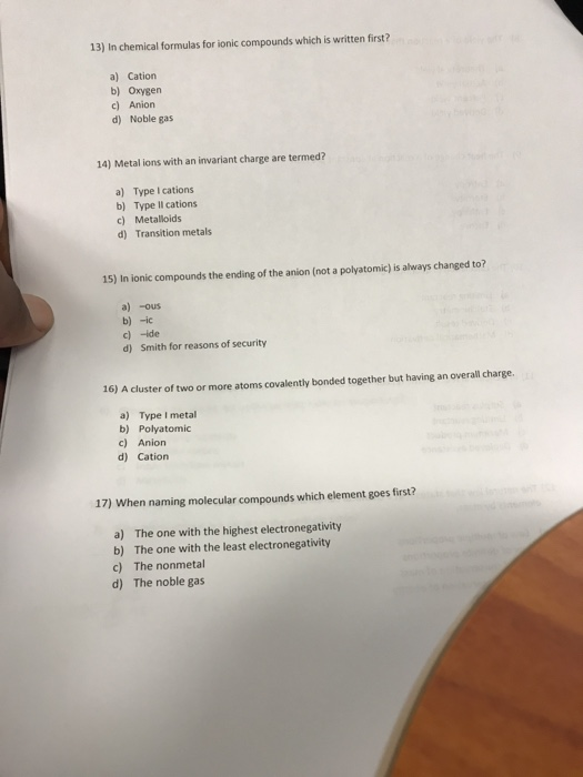 Solved 13 In Chemical Formulas For Ionic Compounds Which