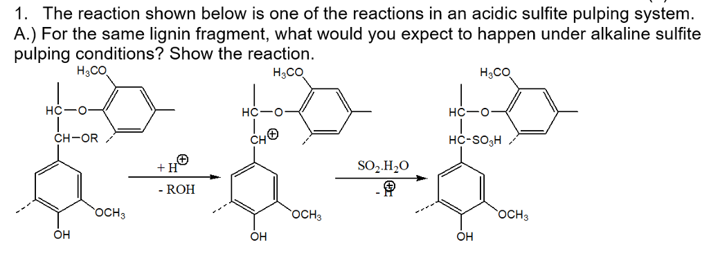 1. The reaction shown below is one of the reactions in an acidic sulfite pulping system. A.) For the same lignin fragment, what would you expect to happen under alkaline sulfite pulping conditions? Show the reaction. 113(X) H3CO н.co HC-O HC-O CH-OR . CH so2 H20 - ROH OCH3 он