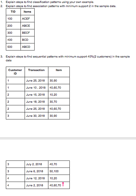 1. 2. Explain steps to find classification patterns using your own example. Explain steps to find association patterns with minimum support 2 in the sample data. TID Items ACEF ABCE 100 200 300 400 500 BECF BCD ABCD 3. Explain steps to find sequential patterns with minimum support 40%(2 customers) in the sample Customer Transaction ID June 25, 201830,90 June 10. 201840,60,70 June 15, 201810,20 June 18, 201830,70 June 25, 201840,60,70 June 30, 201830,90 July 2, 2018 40,70 June 6, 201850,100 June 12, 201810,20 June 2, 2018 40,60,70