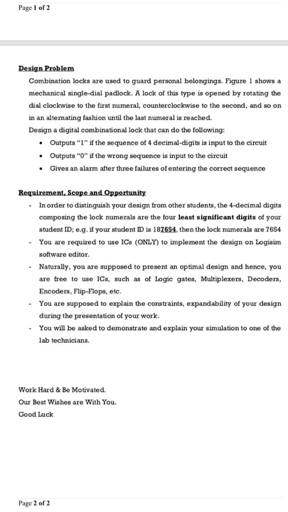 Page 1 of 2 Design Problem Combination locks are used to guard personal belongings. Figure 1 shows a mechanical single-dial p