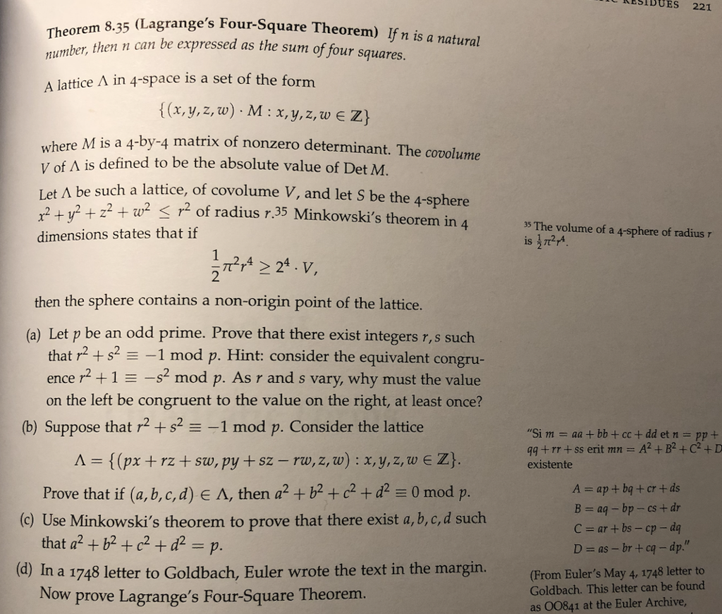 Solved Theorem 8.35 (Lagrange's Four-Square Theorem) If n is