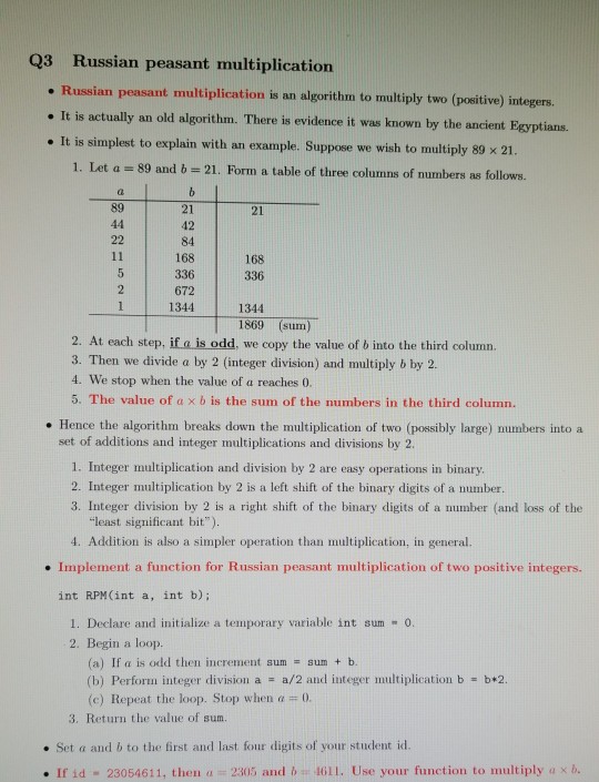 Solved Q3 Russian Peasant Multiplication Russian Peasan