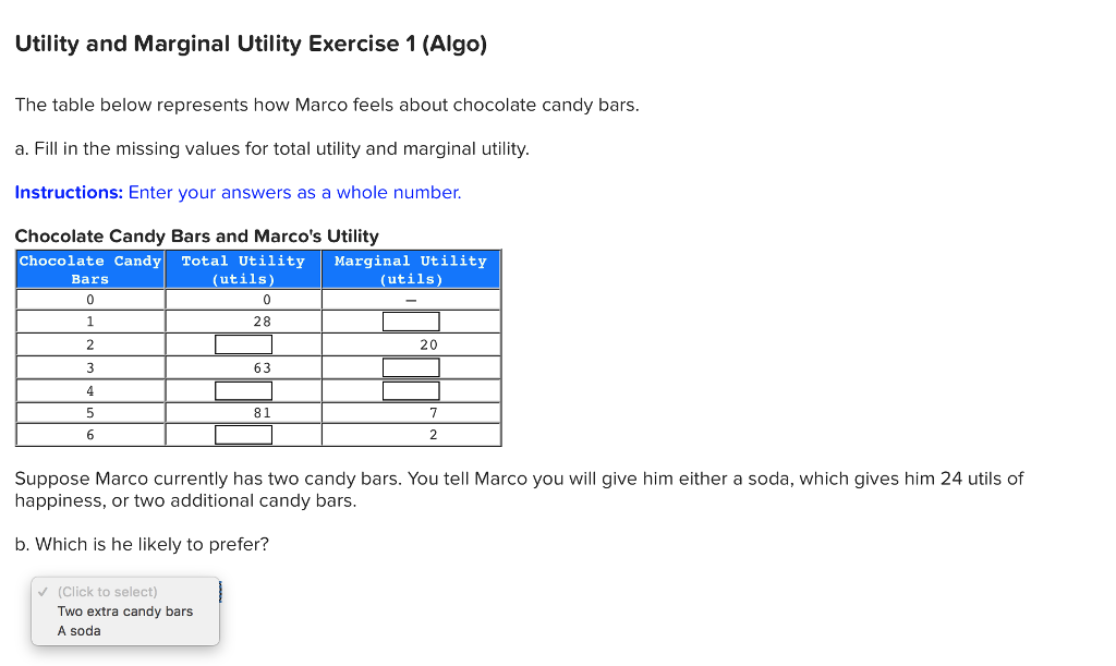 Utility And Marginal Utility Exercise 1 Algo The Chegg 