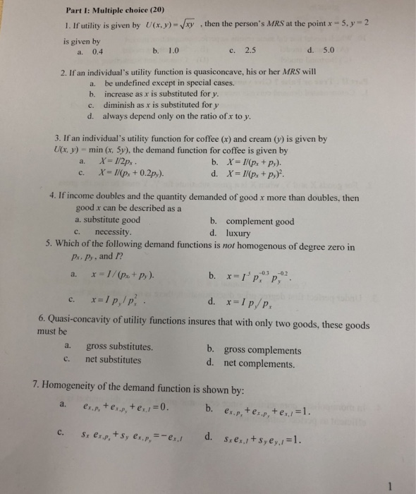 Solved Part I Multiple Choice 1 If Utility Is Give Chegg Com