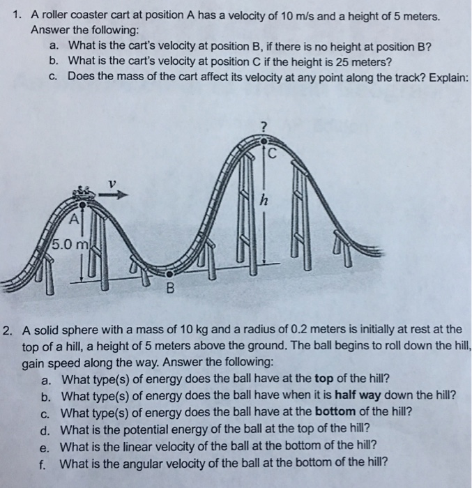 Solved A roller coaster cart at position A has a velocity of 