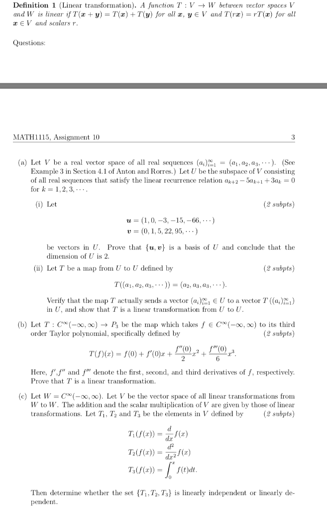 Definition 1 Linear Transformation A Function T Chegg Com