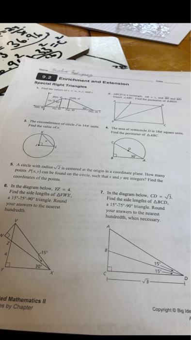 Solved 9 2 Enrichment And Ex Special Right Triangtes 3 T Chegg Com