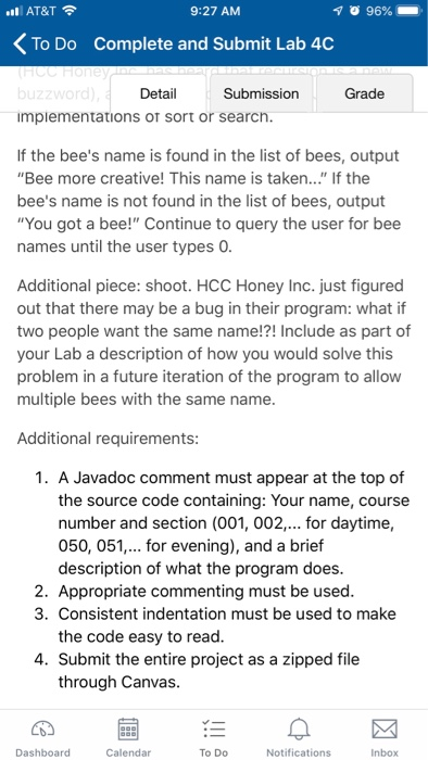 96% AT&T 9:27 AM nl To Do Complete and Submit Lab 4C Detail Submission Grade impiementations of sort or search If the bees n