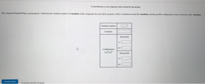 number of vanadium in tdhis compound, he most likely geometry of the coordimation anound the vanadium, and the possible comfigutions of the d electross of the vanadien Geometry Weak field Srong field Submit Answ