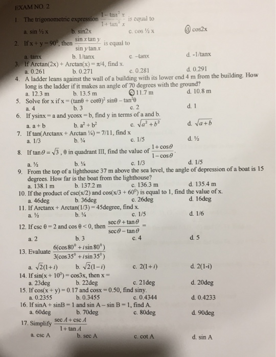 Solved The Trigonometric Expression 1 Tan 2 X 1 Tan 2 X Chegg Com