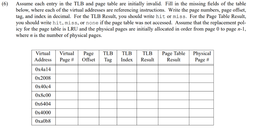 (6) Assume each entry in the TLB and page table are initially invalid. Fill in the missing fields of the table below, where e