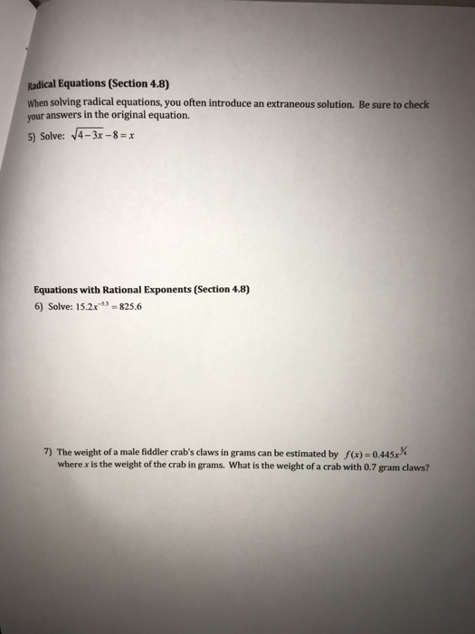 Solved Radical Equations Section 4 8 When Solving Radical Chegg Com