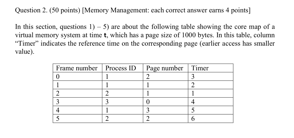 Question 2. (50 points) [Memory Management: each correct answer earns 4 points] In this section, questions 1) - 5) are about