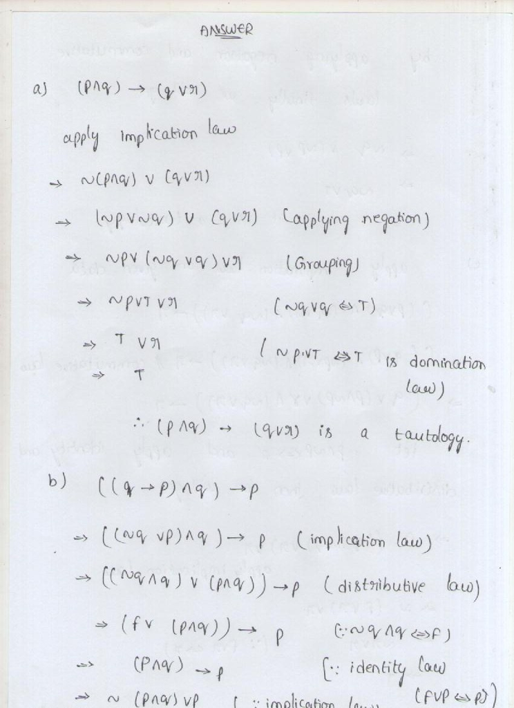 Solved 5 Pt Use Laws Propositional Logic Prove Following Compound Propositions Tautologies Q
