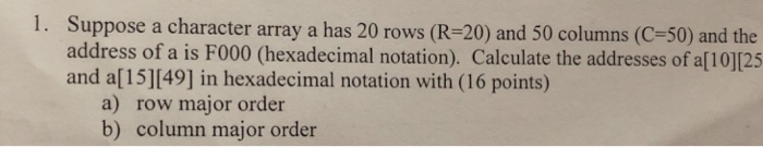 1. Suppose a character array a has 20 rows (R-20) and 50 columns (C-50) and the address of a is F000 (hexadecimal notation).