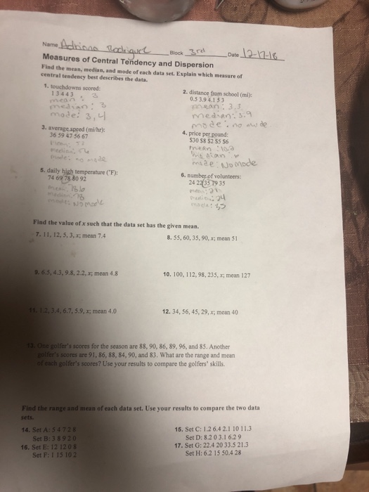 Name Measures Of Central Tendency And Dispersion Find Chegg 