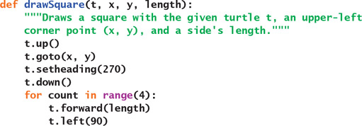 def drawSquare(t, x, y, Tength): Draws a square with the given turtle t, an upper-left corner point (x, y), and a sides len