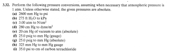 following pressure conversions