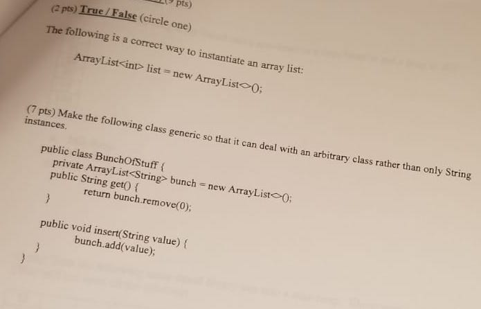 Solved Pts E Pts True False Circle One Following Correct Way Instantiate Array List Arraylist Lis Q