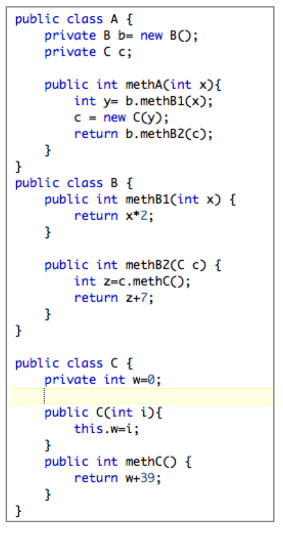 public class A private B b new BO; private CC public int methACint x)t int y- b.methB1Cx) -new CCy); return b.methB2(c) publi