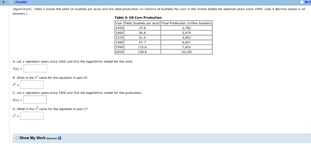 Solved 3 14 Points My N Agriculture Table 3 Shows The Chegg Com