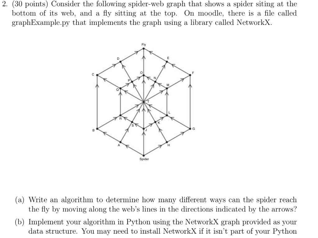 2. (30 points) Consider the following spider-web graph that shows a spider siting at the bottom of its web, and a fly sitting at the top. On moodle, there is a file called graphExample.py that implements the graph using a library called NetworkX. Fly Spider (a) Write an algorithm to determine how many different ways can the spider reach the fly by moving along the webs lines in the directions indicated by the arrows? (b) Implement your algorithm in Python using the NetworkX graph provided as your data structure. You may need to install NetworkX if it isnt part of your Pythorn