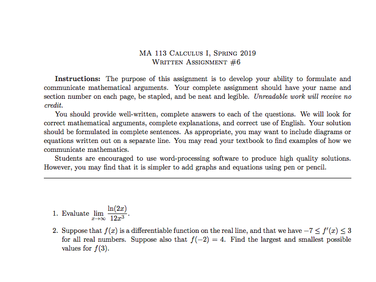 Solved Ma 113 Calculus I Spring 19 Written Assignment Chegg Com