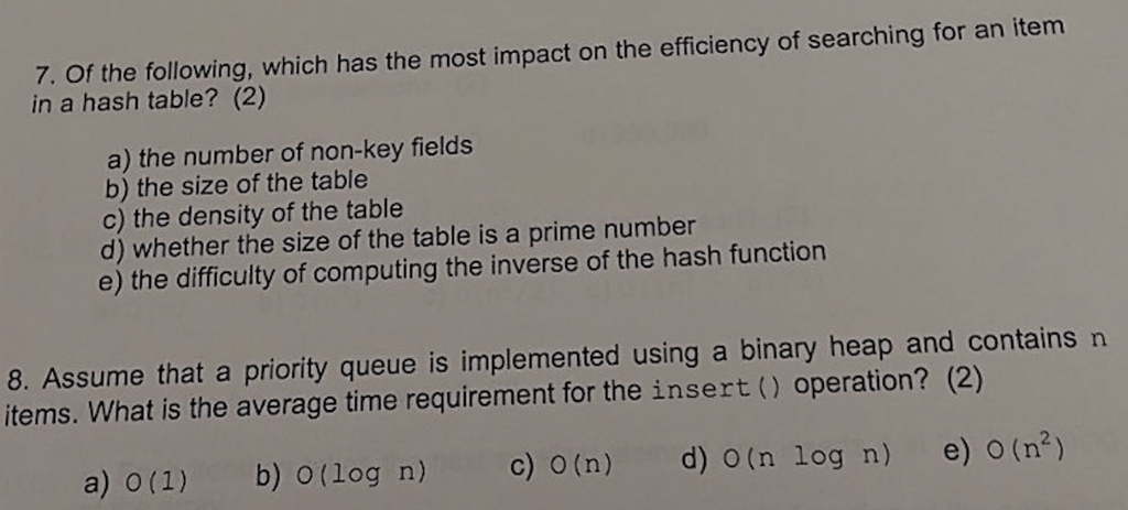 7. Of the following, which has the most impact on the efficiency of searching for an item in a hash table? (2) a) the number