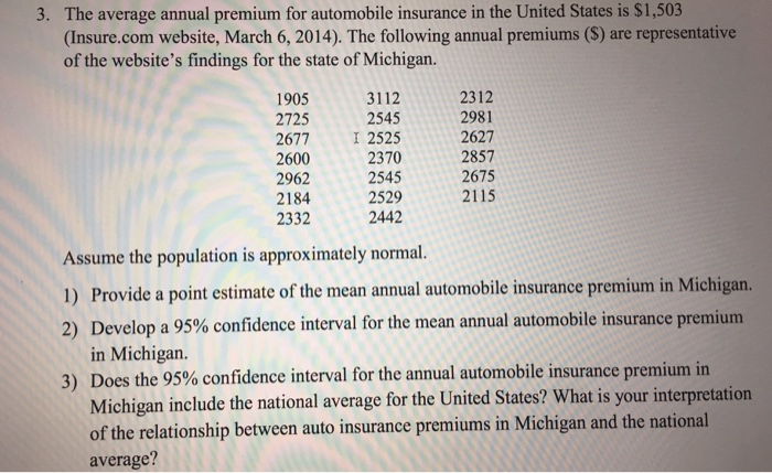 Solved The Average Annual Premium For Automobile Insuranc Chegg Com