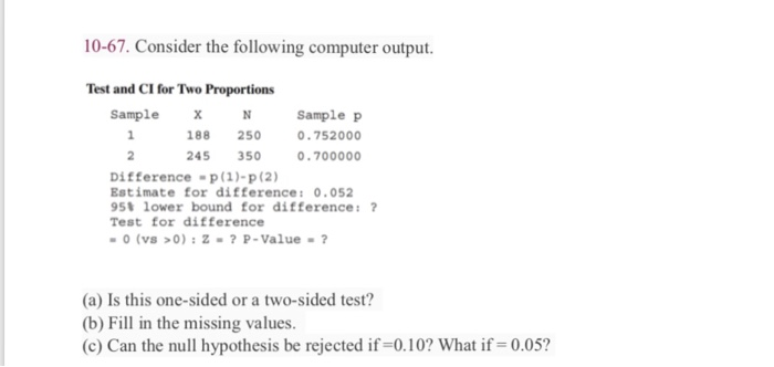 10-67. Consider the following computer output. Test and CI for Two Proportions Sample x Sample p 188 250 752000 245 350 0.700000 Difference p(1)-p(2) Estimate for difference: 0.052 951 lower bound for difference: Test for difference (a) Is this one-sided or a two-sided test? (b) Fill in the missing values. (c) Can the null hypothesis be rejected if-0.10? What if 0.05?