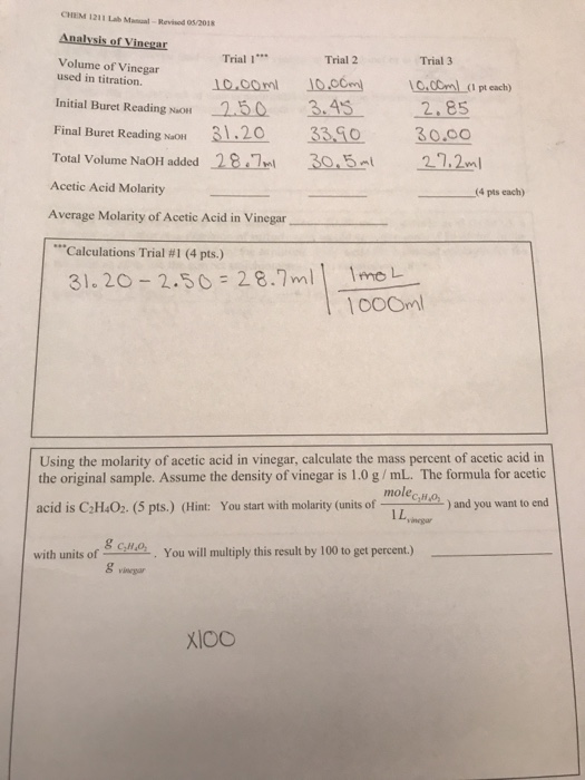 Solved How Do I Calculate Molarity Of Acetic Acid And Cal Chegg Com