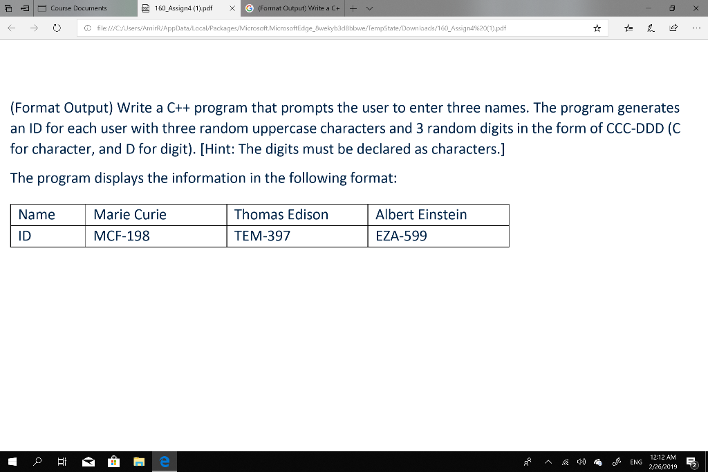| 크 Course Documents こ 160-Assign4(1).pdf (Farmat Output) Write a C++ ﹀ ← → O O file:// C:/Users/Ami R/AppData L cał packages