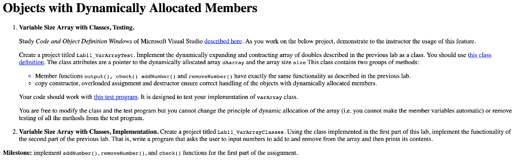 Objects with Dynamically Allocated Members 1. Variable Size Array with Classes, Testing. Study Code and Object Definition Win