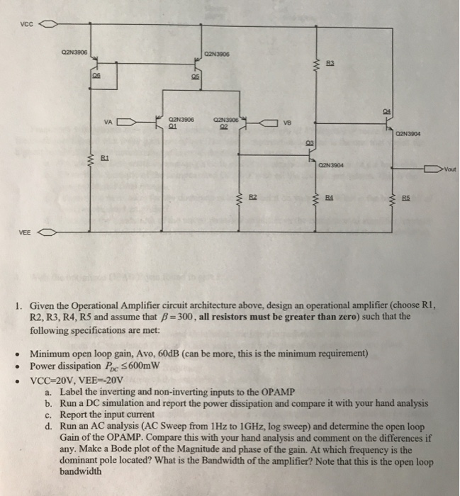 Q2N3906 VB 91 81 Vout B2 B4 Given the Operational Amplifier circuit architecture above, design an operational amplifier (choo