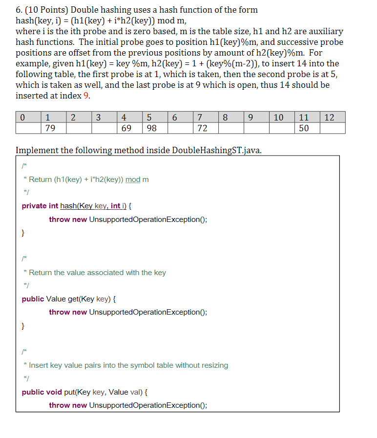 6. (10 Points) Double hashing uses a hash function of the form hash(key, i)-(M (key) + i*h2(key)) mod m, where i is the ith p