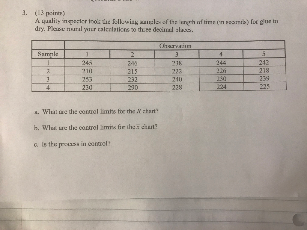 3. (13 points) A quality inspector took the following samples of the length of time (in seconds) for glue to dry. Please round your calculations to three decimal places. 2 246 215 232 290 Observation 238 240 4 244 226 230 224 Sample 245 210 253 230 242 218 239 225 228 4 a. What are the control limits for the R chart? b. What are the control limits for the T chart? c. Is the process in control?