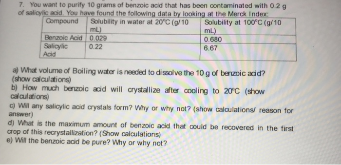 Solved 7 You Want To Purify 10 Grams Of Benzoic Acid That Chegg Com