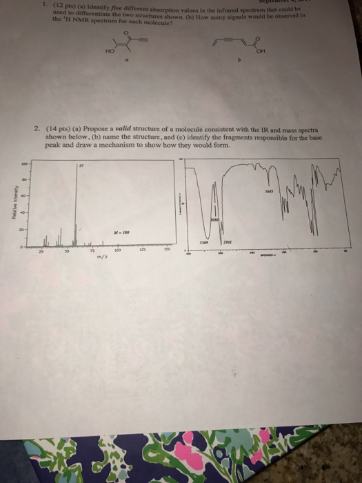 1. (12 pts) (a) Identify five different absorption values in the infrared spece d in that could be used to differentiate the two structures shown. (b) How many signals woldr the H NMR spectrum for each molecule? observed in HO OH (14 pts) (a) Propose a valid structure of a molecule consistent with the IR and mass spectra shown below, (b) name the structure, and (c) identify the fragments responsible for the base peak and draw a mechanism to show how they would form. 2. m/z