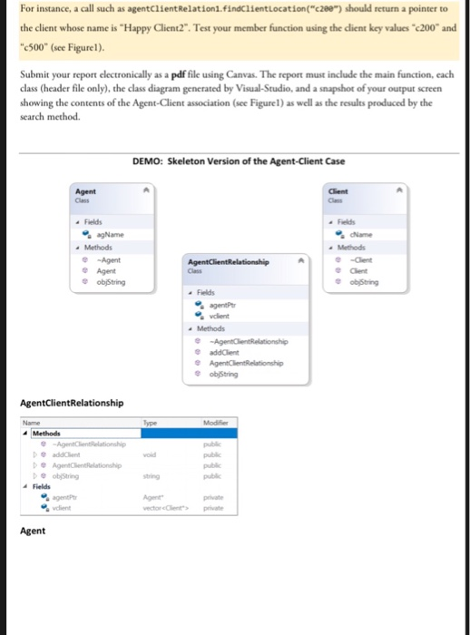 For instance, a call such as agentclientRelation1.findclientlocation(c200) should return a pointer to the client whose name