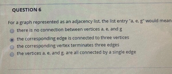 QUESTION 6 For a graph represented as an adjacency list, the list entrya, e. g would mean O there is no connection between