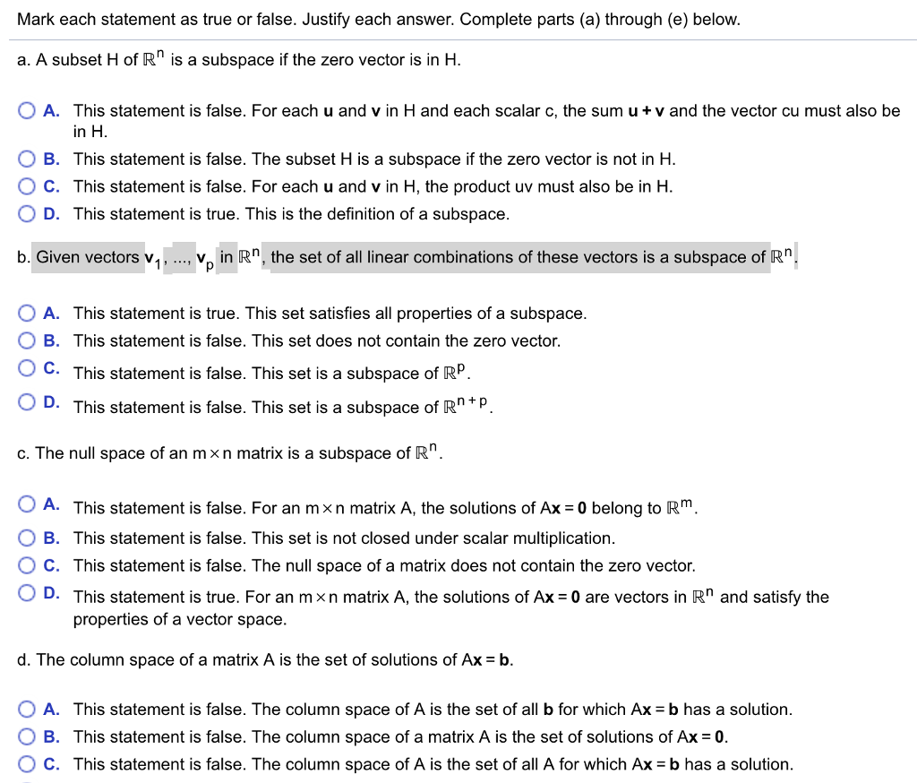 linear algebra - Mark the statements below that must be true