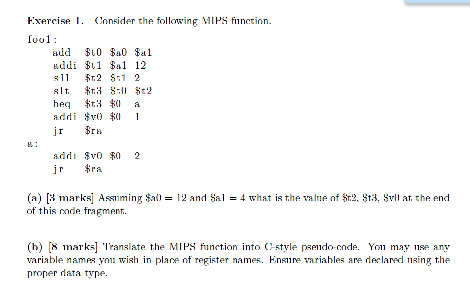 Solved Exercise 1 Foo1 Consider The Following Mips Funct Solved Exercise 1 Foo1 Consider The Following Mips Funct