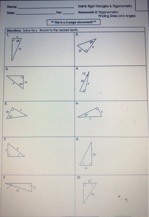 Solved: Unit 8: Right Triangles & Trigonometry Name: Date ...