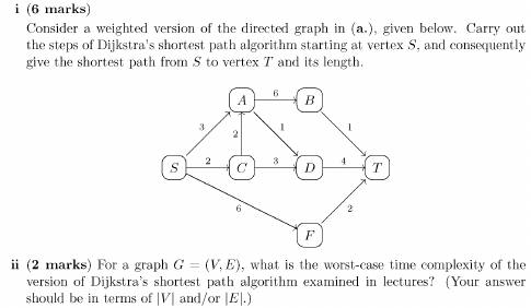 i (6 marks) Consider a weighted version of the directed graph in (a.), given below. Carry out the steps of Dijkstras shortest path algorithm starting at vertex S, and consequently dive the shortest poth from S to vertex T and its lengrth ii (2 marks) For a graph G (V, E), what is the worst-case time complexity of the version of Dijkstras shortest path algorithm examined in lectures? (Your answer should be in terms of V and/or E.)
