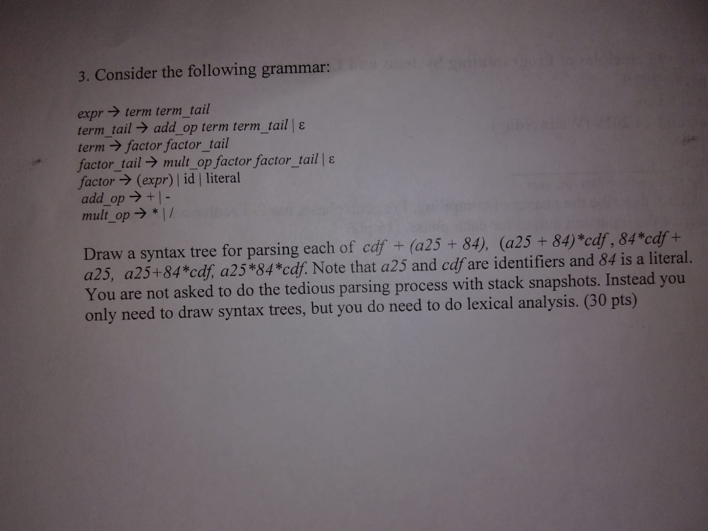 3. Consider the following grammar: exprterm term_tail term, tail → add-op term term-tail  ε term factor factor_tail factor-t